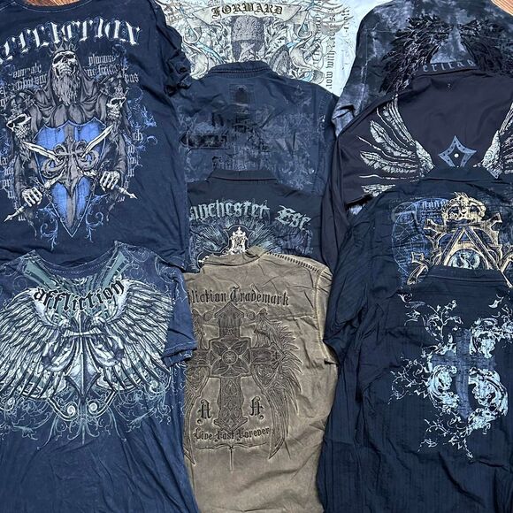 Y2K Affliction / Roar / BKE Grunge Skulls and Studded Crosses 10pc Shirt Bundle - Picture 1 of 8